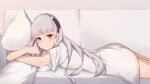  1girl ak-alfa_(girls&#039;_frontline) alternate_costume brown_eyes check_translation couch girls&#039;_frontline hairband hitori_yui long_hair looking_at_viewer lying no_pants object_hug on_couch on_stomach oversized_clothes oversized_shirt pillow pillow_hug shirt smile solo translation_request very_long_hair white_hair white_shirt 