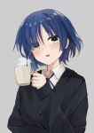  1girl :d black_shirt blue_hair blush bocchi_the_rock! cup grey_background hair_ornament hairclip highres holding holding_cup long_sleeves looking_at_viewer mole mole_under_eye mug nyagonya21 shirt simple_background smile solo steam upper_body yamada_ryou 