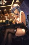  1girl alcohol aqua_hair armlet asymmetrical_bangs bangs bare_shoulders black_gloves black_hairband black_thighhighs blue_hair bottle breasts butterfly_hair_ornament cleavage closed_mouth crossed_legs cup drink drinking_glass earrings eula_(genshin_impact) fall_(aki) frown genshin_impact gloves hair_ornament hairband hand_on_own_face heart heart_earrings highres holding holding_cup jewelry large_breasts legs looking_at_viewer night short_hair sitting solo thighhighs thighs window 
