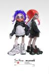  2girls ange-yi blue_hair dark-skinned_female dark_skin facing_to_the_side facing_viewer highres jacket looking_at_viewer multiple_girls octoling octoling_girl pink_eyes print_jacket product_placement red_hair shoes shorts sneakers splatoon_(series) splatoon_2 standing suction_cups tentacle_hair white_background yellow_eyes zipper 