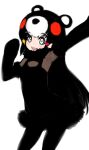  1girl animal_costume animal_ear_fluff animal_ears bear_costume bear_ears bear_girl black_hair chibi_kumamon_(kemono_friends) dress elbow_gloves gloves grey_eyes ise_(0425) kemono_friends kemono_friends_3 long_hair looking_at_viewer multicolored_hair open_mouth pantyhose scarf simple_background smile solo straight_hair white_background 