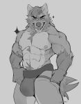  abs anthro big_bulge bulge canid canine canis clothing hi_res jockstrap looking_at_viewer male mammal monochrome muscular muscular_anthro muscular_male nipples pecs sleepyandshine solo underwear wolf 