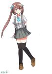  1girl absurdres arm_warmers asagumo_(kancolle) ascot blue_ascot brown_hair collared_shirt dress_shirt full_body grey_eyes grey_skirt hair_ribbon highres kantai_collection long_hair looking_at_viewer one-hour_drawing_challenge plaid_ascot ribbon robinson_(day_l_full) school_uniform shirt simple_background skirt solo standing suspender_skirt suspenders twintails white_background white_shirt 