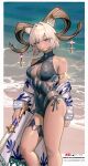  1girl absurdres animal_ears arknights bare_shoulders beach black_one-piece_swimsuit breasts carnelian_(arknights) carnelian_(shining_dew)_(arknights) cleavage_cutout clothing_cutout constant_qiu covered_navel covered_nipples dark-skinned_female dark_skin feet_out_of_frame goat_ears goat_girl goat_horns highres holding holding_sword holding_weapon horn_ornament horns jacket large_breasts looking_at_viewer off_shoulder official_alternate_costume open_clothes open_jacket outdoors red_eyes sand short_hair solo swimsuit sword thigh_strap thighs water weapon white_hair white_jacket 
