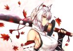  1girl animal_ear_fluff animal_ears bangs bare_shoulders black_gloves breasts closed_mouth fingerless_gloves gloves highres holding holding_sword holding_weapon inubashiri_momiji large_breasts leaf maple_leaf muscular muscular_female petals shirt short_hair simple_background solo sword touhou upper_body weapon white_background white_shirt white_sleeves wolf_ears wolf_girl zatma0041 