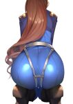  1girl ass back beatrix_(granblue_fantasy) belt blue_bodysuit bodysuit boots brown_hair facing_away granblue_fantasy hip_focus long_hair muunyan_(yumenekoya) racing_suit seiza simple_background sitting solo suspenders white_background 