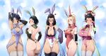 4girls animal_ears arm_behind_back armpits arms_up back backless_leotard black-framed_eyewear black_gloves black_hair blonde_hair blue_hairband blue_leotard blush breasts character_request cleavage closed_eyes closed_mouth commentary covered_navel cowboy_shot dark-skinned_female dark_skin detached_sleeves earrings eyes_visible_through_hair eyeshadow facing_viewer fake_animal_ears feather_necklace flying_sweatdrops from_behind glasses gloves green_eyes green_hairband green_leotard hair_ornament hairband hairpin hand_on_hip hand_on_own_chest hand_up hands_up highleg highleg_leotard highres jewelry large_breasts legs_together leotard looking_at_viewer looking_back looking_over_eyewear makeup medium_breasts medium_hair mole mole_under_eye monster_hunter:_world monster_hunter_(series) monster_hunter_xx multiple_girls neck_ribbon necklace open_mouth parted_lips pink_leotard pointy_ears ponytail rabbit_ears rabbit_tail red_headwear red_leotard red_ribbon ribbon ribbon-trimmed_legwear ribbon_trim shawl shiny shiny_skin short_hair smile standing tail tassel thigh_gap thigh_strap thighhighs tongue tongue_out tsurime white_leotard white_thighhighs wide_sleeves yamanata 