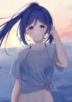  1girl absurdres arhah bikini bikini_under_clothes blue_bikini blue_hair closed_mouth high_ponytail highres long_hair looking_at_viewer love_live! love_live!_sunshine!! matsuura_kanan navel purple_eyes see-through see-through_shirt shirt smile solo swimsuit tied_shirt upper_body wet wet_clothes wet_shirt 