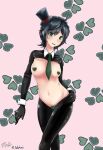  1girl ahoge animal_ears bangs between_breasts black_hair breasts cowboy_shot fake_animal_ears green_necktie hat heart_maebari heart_pasties highres kantai_collection latex latex_legwear maebari matsukaze_(kancolle) medium_breasts meme_attire mini_hat mini_top_hat navel necktie necktie_between_breasts pasties pink_background revealing_clothes reverse_bunnysuit reverse_outfit short_hair shrug_(clothing) solo standing swept_bangs tentacle_agent top_hat wavy_hair wrist_cuffs 