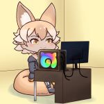  1girl absurdres animal_costume animal_ear_fluff animal_ears black_jacket blonde_hair ce_bluelizard computer coyote_(kemono_friends) desk extra_ears highres jacket kemono_friends kemono_friends_v_project kneehighs shoes short_hair skirt socks solo tail virtual_youtuber wolf_costume wolf_ears wolf_girl wolf_tail yellow_eyes 