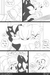  2022 5_fingers amy_rose anthro blush clothing comic cute_fangs dialogue embrace english_text eulipotyphlan exclamation_point female fingers gloves greyscale group handwear hedgehog hi_res hug krazyelf looking_at_another male mammal monochrome open_mouth scarf sega shadow_the_hedgehog shirt sonic_the_hedgehog sonic_the_hedgehog_(series) speech_bubble speed_lines surprise sweater tank_top text topwear trio 