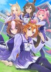  5girls :d admire_vega_(umamusume) ahoge animal_ears arm_support arm_up bangs black_pantyhose blue_sky blush bow breasts brown_eyes brown_hair closed_mouth cloud commentary_request crown day dutch_angle ears_down forehead grin hair_between_eyes hairband hand_on_another&#039;s_shoulder haru_urara_(umamusume) horse_ears horse_girl horse_tail large_breasts long_sleeves looking_at_viewer meisho_doto_(umamusume) mini_crown multicolored_hair multiple_girls nabe_puyo narita_top_road_(umamusume) on_grass outdoors pantyhose parted_bangs pink_hair pink_hairband pleated_skirt ponytail puffy_long_sleeves puffy_sleeves purple_eyes purple_shirt purple_skirt shirt sitting skirt sky smile standing t.m._opera_o_(umamusume) tail tilted_headwear two-tone_hair umamusume white_bow white_hair 