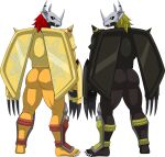  5_toes absurd_res armor bandai_namco barefoot blackwargreymon butt darkshiner8 digimon digimon_(species) duo feet full-length_portrait grey_hair hair hi_res humanoid humanoid_feet looking_at_viewer looking_back looking_back_at_viewer male plantigrade portrait rear_view red_hair toes wargreymon wings 