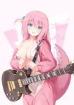  1girl absurdres bangs blush bocchi_the_rock! breasts cleavage cowboy_shot daidai_(daidai826) dinosaur_costume dinosaur_tail electric_guitar fake_tail gibson_les_paul gotou_hitori green_eyes guitar hair_between_eyes highres instrument long_hair long_sleeves looking_at_viewer medium_breasts off_shoulder open_clothes open_mouth pink_hair shiny shiny_hair solo standing sweat tail wavy_mouth 