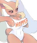  akibun anthro big_breasts blush blush_lines breasts brown_body brown_fur clothed clothing eyebrows eyelashes female fur generation_4_pokemon hooters_uniform lagomorph leotard leporid looking_at_viewer lopunny mammal navel_outline nintendo pokemon pokemon_(species) rabbit red_eyes side_boob simple_background solo solo_focus thick_thighs tight_clothing video_games wide_hips 