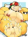  4_toes anthro big_pecs bowser bracelet claws collar eyebrows feet hair hi_res horn jewelry koopa male mario_bros muscular muscular_anthro muscular_male nintendo nipples pecs red_eyes red_hair reptile scalie schwarzfox shell solo spiked_bracelet spiked_collar spiked_shell spikes spikes_(anatomy) toes video_games yellow_body 