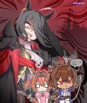  ... 3girls :&gt; aged_down agnes_tachyon_(umamusume) ahoge alternate_hair_length alternate_hairstyle animal_ears artist_name ascot bangs black_cloak black_hair blue_coat blush_stickers castle castlevania castlevania:_rondo_of_blood chibi cloak coat commentary_request cosplay daiwa_scarlet_(umamusume) dracula_(castlevania) dracula_(castlevania)_(cosplay) dress earrings eighth_note female_child gloves grey_hair hair_between_eyes hair_intakes hair_over_one_eye hekahire_isurus high_collar highres holding holding_whip horse_ears horse_girl horse_tail jewelry leather leather_gloves long_bangs manhattan_cafe_(umamusume) maria_renard maria_renard_(cosplay) motion_lines multiple_girls musical_note o_o orange_eyes pink_dress red_eyes richter_belmont richter_belmont_(cosplay) sharp_teeth shorts sidelocks single_earring spoken_ellipsis spoken_musical_note tail teeth tiara triangle_mouth twintails umamusume v-shaped_eyebrows white_ascot 