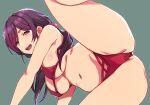  1girl bikini breasts duke_(inu_daimyou) green_background green_eyes hair_ornament hair_scrunchie large_breasts long_hair looking_at_viewer love_live! love_live!_school_idol_project low_twintails navel open_mouth purple_hair red_bikini red_scrunchie scrunchie simple_background smile solo swimsuit teeth thighs toujou_nozomi twintails upper_teeth 