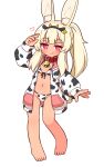  1girl :q animal_ear_fluff animal_ears animal_print arm_up bangs bare_legs barefoot bell bikini bikini_under_clothes black_hairband blonde_hair blush closed_mouth collar cow_ears cow_horns cow_print fake_animal_ears fake_horns full_body groin hair_between_eyes hairband heart heart-shaped_pupils highres horns jacket long_hair long_sleeves looking_at_viewer masurao_(sekaiju) masurao_2_(sekaiju) naga_u neck_bell open_clothes open_jacket ponytail print_bikini print_jacket puffy_long_sleeves puffy_sleeves rabbit_ears red_collar red_eyes sekaiju_no_meikyuu sekaiju_no_meikyuu_5 short_eyebrows simple_background sleeves_past_wrists smile solo standing standing_on_one_leg swimsuit symbol-shaped_pupils thick_eyebrows tongue tongue_out very_long_hair white_background white_bikini white_jacket 