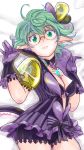  1girl 2019 ahoge bangs bra breasts chest_jewel choco-cookie cleavage closed_mouth dakimakura_(medium) dated from_above green_eyes green_hair highres jacket looking_at_viewer pandoria_(xenoblade) pointing purple_bra purple_jacket purple_shorts short_hair shorts solo tail underwear xenoblade_chronicles_(series) xenoblade_chronicles_2 
