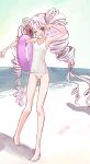  1girl ;d ahoge ass_visible_through_thighs bare_arms bare_legs bare_shoulders barefoot beach breasts collarbone drill_hair fang full_body hair_intakes highres innertube long_hair microa one-piece_swimsuit one_eye_closed pink_hair purple_innertube red_eyes shadow skin_fang small_breasts smile solo standing swimsuit tsuina-chan twin_drills v-shaped_eyebrows very_long_hair voiceroid water white_one-piece_swimsuit 