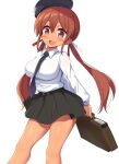  1girl absurdres aged_up alternate_costume bag beret blush bookbag breasts brown_hair dress_shirt hair_ribbon hat highres kantai_collection kurokoshou_(emuburemu123) large_breasts libeccio_(kancolle) long_hair low_twintails necktie open_mouth ribbon shirt smile solo tan twintails 