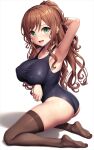  1girl arm_under_breasts arm_up armpits ass bang_dream! bare_arms bare_shoulders black_one-piece_swimsuit blush breasts brown_hair brown_thighhighs collarbone feet from_side green_eyes hand_in_own_hair imai_lisa kneeling lambda_(kusowarota) large_breasts long_hair looking_at_viewer looking_to_the_side open_mouth ponytail shadow smile soles solo swimsuit thighhighs thighs white_background 