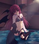  bat_wings bra cameltoe head_wings highres koakuma lingerie long_hair mowan necktie open_clothes open_shirt panties red_eyes red_hair shirt skirt skirt_around_ankles solo submerged thighhighs torn_clothes torn_legwear touhou underwear wading water wet wet_clothes wings 