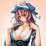  absurdres blush breasts cleavage hat highres large_breasts moumuri nipple_slip nipples pink_hair red_eyes saigyouji_yuyuko smile solo touhou 