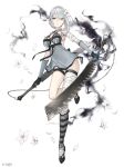  1girl asymmetrical_hair bandage blue_eyes braid chains dual_wielding eyebrows_visible_through_hair flower full_body hair_flower hair_ornament high_heels highres holding ji_no kaine_(nier) lingerie looking_at_viewer negligee nier nier_(series) official_art petals revealing_clothes reverse_grip serious silver_hair sinoalice solo square_enix sword underwear weapon white_background 