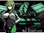  armored_core armored_core:_for_answer bodysuit breasts covered_nipples green_eyes green_hair hair_ornament hairclip hand_on_hip huge_breasts may_greenfield mecha merrygate pilot_suit smiley_face wakame 