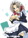  blue_eyes breasts breasts_outside brown_hair dress harukaze_chiharu hayate_no_gotoku! maid maid_headdress medium_breasts michael nipples open_clothes open_dress ribbon solo thighhighs 