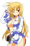  blonde_hair blush bottomless breasts cup fate_testarossa large_breasts long_hair lyrical_nanoha mahou_shoujo_lyrical_nanoha_strikers mug naked_shirt oda_masaru one_eye_closed open_clothes open_shirt red_eyes shirt solo very_long_hair 