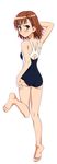  absurdres adjusting_clothes adjusting_swimsuit ass barefoot blush brown_eyes brown_hair competition_swimsuit dakimakura full_body hara_shuuichi highres kneepits leg_up looking_at_viewer looking_back lying misaka_mikoto on_stomach one-piece_swimsuit short_hair smile solo swimsuit to_aru_kagaku_no_railgun to_aru_majutsu_no_index 