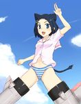  animal_ears black_hair blue_eyes cat_ears cat_tail fang hair_ornament hairclip ikeda_kana kazekoshi_school_uniform mahjong no_pants panties pokke saki short_hair solo striker_unit striped striped_panties tail tenbou underwear world_witches_series 