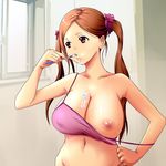  breast_slip breasts brown_eyes brown_hair camisole cleavage hand_on_hip huge_breasts lingerie long_hair mizuki_shou navel nipples one_breast_out original solo strap_slip toothbrush twintails underwear 