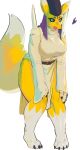  2019 anthro belt big_breasts biped blue_eyes breasts butt canid canine claws clothed clothing digimon digimon_(species) eyelashes female fluffy fluffy_tail fur hat mammal open_mouth panting rtr saliva simple_background slightly_chubby solo standing sweat taomon thick_tail thick_thighs toe_claws wide_hips yellow_fur 