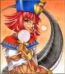  bandages beads breasts calnarsa candy cleo_gretel dark_skin earrings egyptian food hat jewelry lamia lollipop medium_breasts monster_girl red_eyes red_hair shikishi solo super_robot_wars super_robot_wars_og_saga_mugen_no_frontier super_robot_wars_og_saga_mugen_no_frontier_exceed swirl_lollipop tongue underboob 