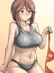  :&lt; blush bra breasts brown_hair holding holding_bra lace lace_bra large_breasts lingerie navel nervous older panties red_eyes rozen_maiden shirt short_hair solo souseiseki sports_bra sweatdrop taut_clothes taut_shirt tsuda_nanafushi underwear underwear_only 