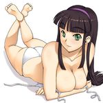  bangs barefoot bikini blunt_bangs breast_press breasts brown_hair cleavage collarbone feet green_eyes hairband kawanuma_uotsuri large_breasts legs_up long_hair lowres lying on_stomach original purple_hairband sidelocks smile soles solo swimsuit the_pose untied 