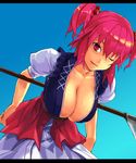 bad_id bad_pixiv_id blue_background breasts cleavage day fang hair_bobbles hair_ornament hanging_breasts huge_breasts leaning_forward letterboxed looking_at_viewer no_bra one_eye_closed onozuka_komachi red_eyes red_hair scythe short_hair sky solo touhou two_side_up yuuji_(and) 