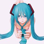  aqua_eyes aqua_hair barefoot bespectacled bra breasts chairopen foreshortening glasses hands hatsune_miku lingerie long_hair lying necktie on_stomach simple_background small_breasts smile solo twintails underwear vocaloid 