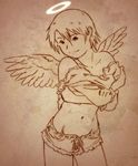  aaru_sentou_shuudan bare_shoulders brown denim denim_shorts haibane_renmei halo kana_(haibane_renmei) midriff monochrome short_hair shorts solo undressing wings 