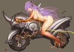  arched_back ariverkao armor breasts brown_eyes curvy cyborg electricity glowing glowing_eyes ground_vehicle high_heels horns jack_plug large_breasts legs lips motion_blur motor_vehicle motorcycle nose nude on_motorcycle original purple_hair riding shoes sideboob signature simple_background solo tail zenra 