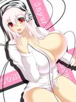  bad_id bad_pixiv_id blush breasts cleavage headphones highres huge_breasts long_hair nitroplus open_mouth panties pink_hair red_eyes solo striped striped_panties super_sonico syroh underwear 