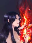  black_hair blue_eyes breasts fire highres long_hair medium_breasts nude pandora_(saint_seiya) saint_seiya saint_seiya:_the_lost_canvas saku_sa_tsu solo 