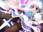  black_legwear blue_eyes braid gusset izayoi_sakuya knife maid maid_headdress panties panties_under_pantyhose pantyhose pantyshot short_hair silver_hair solo thighband_pantyhose touhou twin_braids underwear upskirt yukimura_hajime 