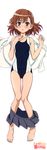  absurdres ass_visible_through_thighs barefoot blush breast_suppress brown_eyes brown_hair competition_swimsuit dakimakura full_body hara_shuuichi highres knees_together_feet_apart knees_touching legs long_legs lying misaka_mikoto navel on_back one-piece_swimsuit open_clothes open_shirt shirt short_hair skirt solo swimsuit swimsuit_under_clothes thigh_gap to_aru_kagaku_no_railgun to_aru_majutsu_no_index undressing 