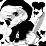  bad_id bad_pixiv_id bulleta child greyscale heart hizuki_akira hood knife looking_at_viewer monochrome short_hair smile solo vampire_(game) 