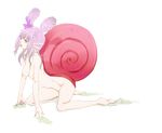  all_fours bad_feet bad_id bad_pixiv_id barefoot breasts copyright_request jojotaro medium_breasts monster_girl nude purple_hair shell slime snail solo tongue 